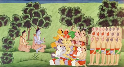 Lakshmana consultando a los jefes de los ejércitos de monos, del Ramayana de Indian School