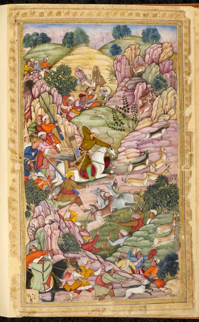 Caza del emperador Babur, entre Ali Shang y Alangar, en la región de Kabul (Afganistán). Miniatura del manuscrito persa Vaqi at i Baburi, Memorias del emperador mogol Babur (Zahir ud din Muhammad) (1483-1530), India, hacia 1590. La Libra británica de Indian School