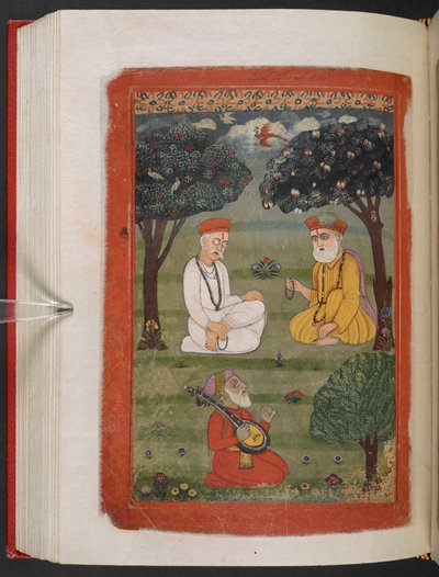 MS Panj B 40, f.131v, reunión de Bhagat Kabir ji y Guru Nanak Dev ji, ilustración de la 