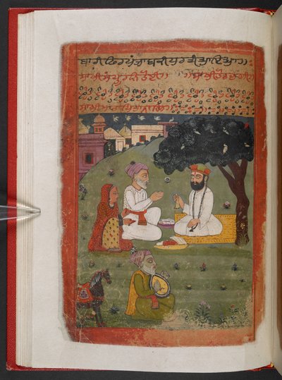MS Panj B 40, f.28v, Guru Nanak con Mata Tripta y Mehta Kalu a su regreso de su 