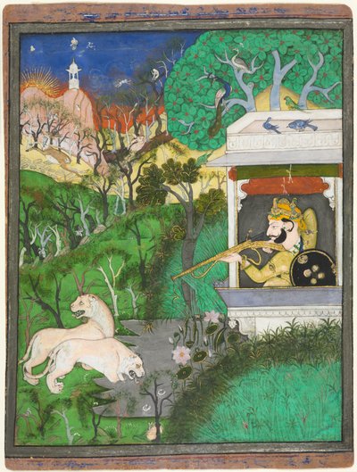 Maharajá Chattarsol de Kotah disparando a leones, c. 1860 (tinta, color y oro sobre papel) de Indian School