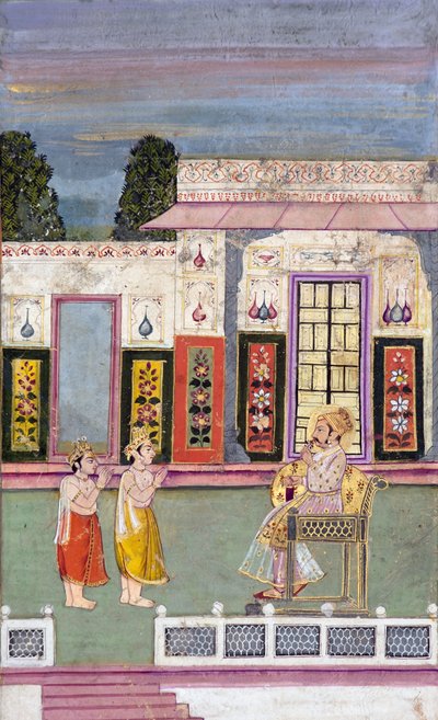 Maharaja Sawai Jai Singh saludado por dos hombres coronados de Indian School