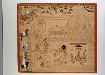 Maharana Amar Singh de Mewar en el templo de Eklingji, c.1695 (gouache con oro y plata sobre papel) de Indian School