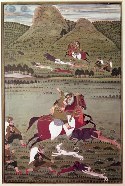 Maharana Jawan Singh (reg.1828-38) de Mewar cazando jabalíes, Udaipur de Indian School