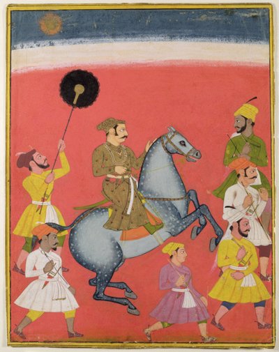 Maharana Raj Singh I de Mewar (reg. 1652-80) montando, Udaipur (Mewar) Rajasthan, c.1670 de Indian School