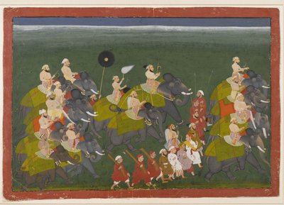 Maharana Sangram Singh de Mewar en una procesión de elefantes, Udaipur, Rajasthan, c.1730-40 de Indian School