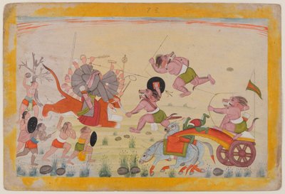 Mahasura ataca a la Devi, folio de una serie dispersa Devi Mahatmya, c.1770-80 de Indian School