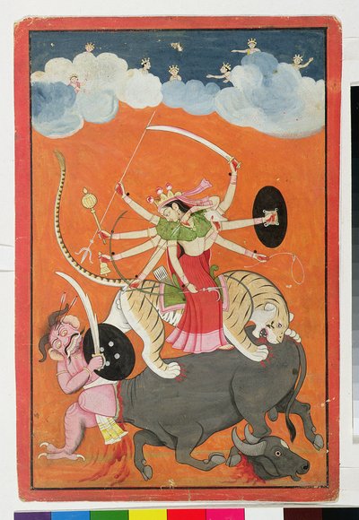 Mahishasuramardini", del "Devimahatmya de Markandeya purana", inscrito en caracteres nagari en el reverso, Guler, escuela pahari de Indian School