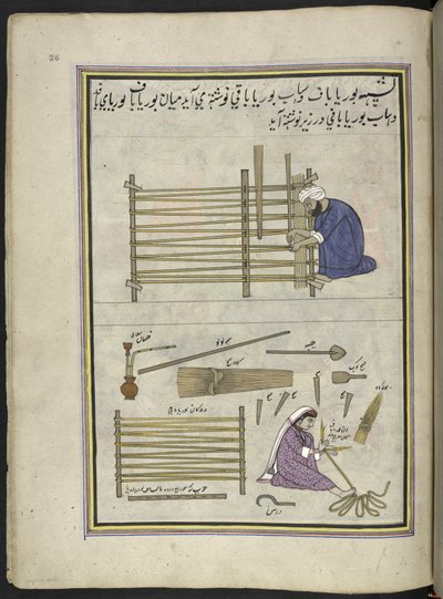 Estera y su esposa haciendo esteras de caña partida,  86 dibujos encuadernados en un volumen que representa oficios y ocupaciones en Cachemira, se muestra a los artesanos trabajando con sus implementos y equipos,  Por un artista de Cachemira, probablemente de Indian School