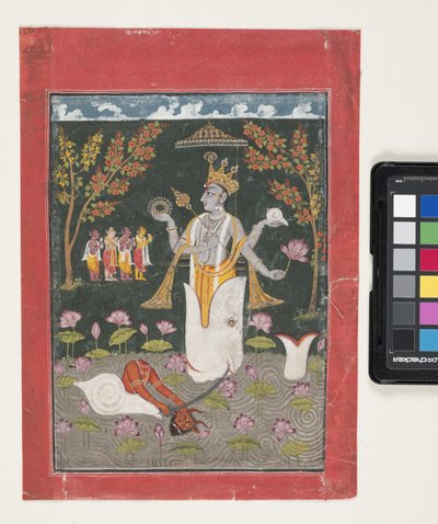 Matsya Avatar de Vishnu: The Slaying Of Sankh Asura (gouache y pan de oro sobre papel) de Indian School