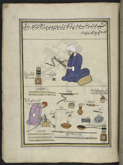 Hombres cubriendo narguiles-serpientes con hilo y alambre,  86 dibujos encuadernados en un volumen que representa oficios y ocupaciones en Cachemira, se muestra a los artesanos trabajando con sus implementos y equipos,  Por un artista de Cachemira, probabl de Indian School