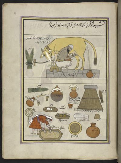 Lechero de la casta Gujar y esposa,  86 dibujos encuadernados en un volumen que representa oficios y ocupaciones en Cachemira, se muestra a los artesanos trabajando con sus implementos y equipos,  Por un artista de Cachemira, probablemente en Srinagar, c.1 de Indian School