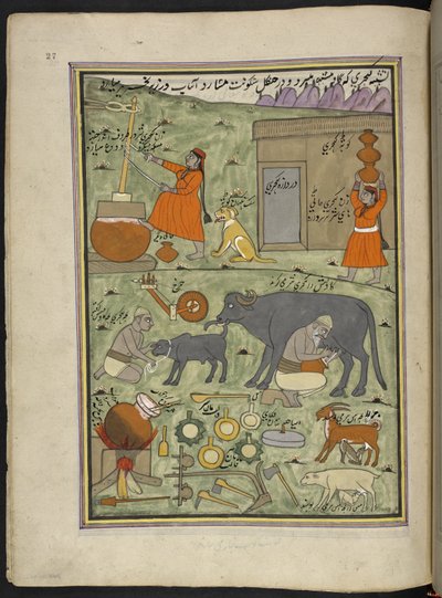 Lecheros de la casta Gujar en el bosque,  86 dibujos encuadernados en un volumen que representa oficios y ocupaciones en Cachemira, se muestra a los artesanos trabajando con sus implementos y equipos,  Por un artista de Cachemira, probablemente en Srinagar de Indian School