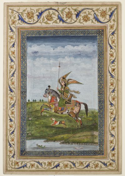 Miniatura que representa una escena de una figura alada en un caballo, probablemente escuela de Delhi, Mughal, India, principios del siglo XIX de Indian School