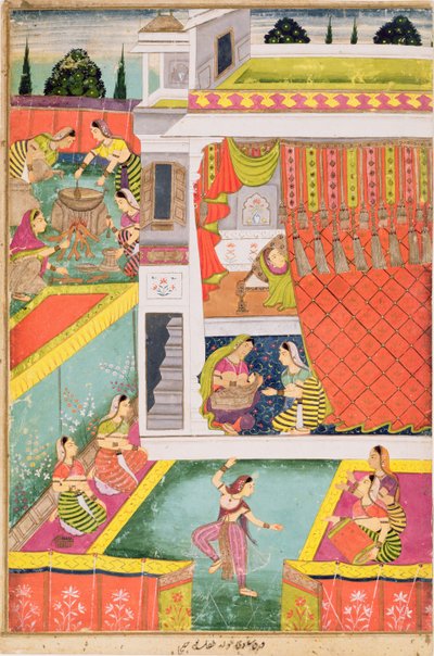 Pintura en miniatura celebrando el nacimiento de un niño, posiblemente Aurangabad, Deccan de Indian School