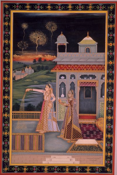 Pintura en miniatura de una dama celebrando el festival de Diwali, India (acuarela sobre papel) de Indian School