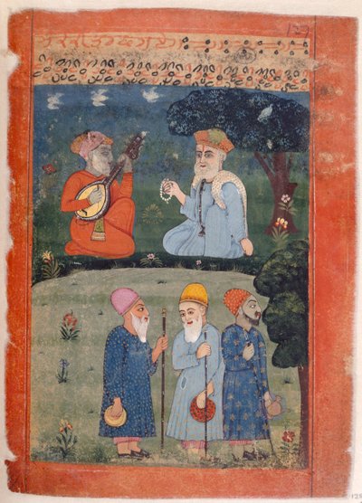 Sra. Panj. B.40, f.128 Baba Nanak, Mardana and Fakirs, ilustración de la 