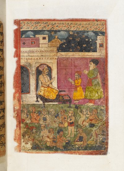 Sra. Panj B.40, f.3, el padre Kalu lleva a Baba Nanak a la escuela, ilustración de la 