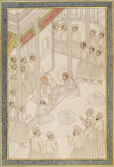 Emperador mogol Akbar celebrando corte durante su enfermedad final, mediados del siglo XVIII de Indian School