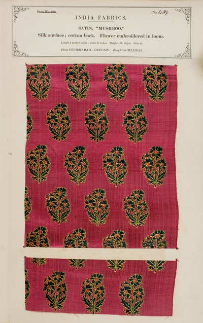 Muestra de satén Mushroo de Hyderabad en Deccan, de La Colección de los Fabricantes de Textiles de la India, por John Forbes Watson, publicada en 1866 de Indian School