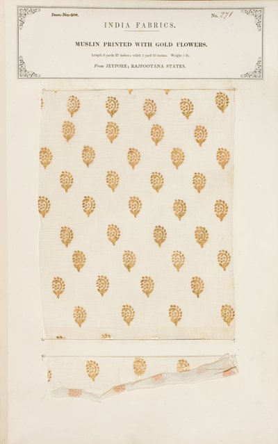 Muestra de muselina impresa con flores doradas de Jeypore en los Estados de Rajpootana, de La Colección de los Fabricantes de Textiles de la India, por John Forbes Watson, publicada en 1866 de Indian School