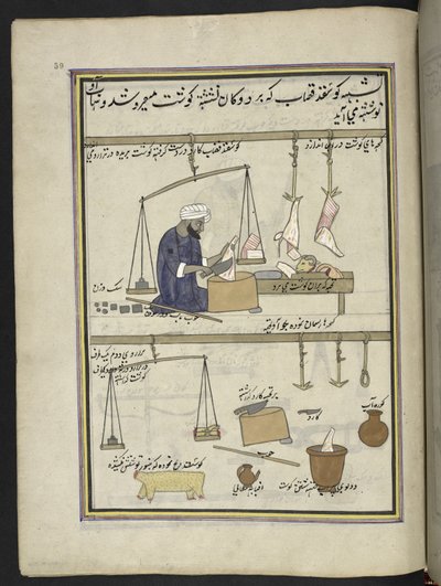 carnicero de cordero,  86 dibujos encuadernados en un volumen que representa oficios y ocupaciones en Cachemira, se muestra a los artesanos trabajando con sus implementos y equipos,  Por un artista de Cachemira, probablemente en Srinagar, c.1850-60 (gouach de Indian School