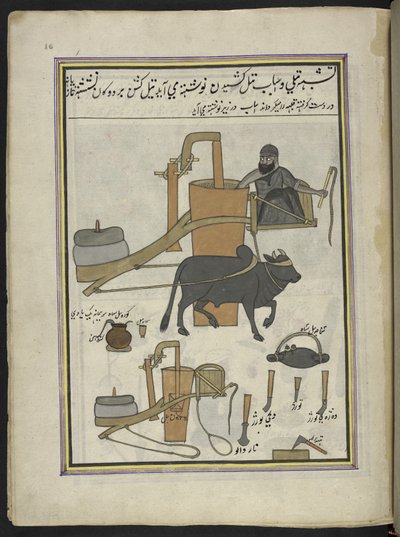 Prensa de aceite,  86 dibujos encuadernados en un volumen que representa oficios y ocupaciones en Cachemira, se muestra a los artesanos trabajando con sus implementos y equipos,  Por un artista de Cachemira, probablemente en Srinagar, c.1850-60 (gouache so de Indian School