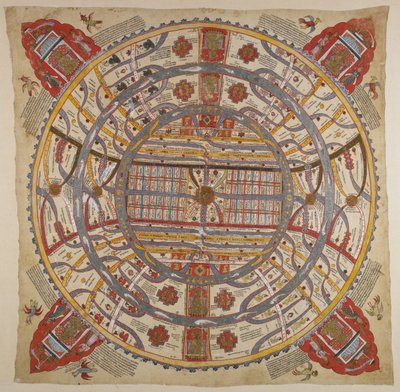 O 13937 f.1 Un diagrama del universo, con texto en sánscrito y gujarati (acuarela sobre tela) de Indian School