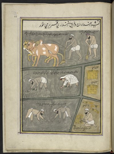 Arada; excavación; trasplante de arroz; cosecha,  86 dibujos encuadernados en un volumen que representa oficios y ocupaciones en Cachemira, se muestra a los artesanos trabajando con sus implementos y equipos,  Por un artista de Cachemira, probablemente en  de Indian School