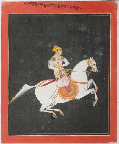 Retrato de Kunwar Baharat Singh a caballo, por Utkalrama, inscrito en la parte superior y reverso en Devanagari, Bundi, Rajasthan, Escuela Rajput de Indian School