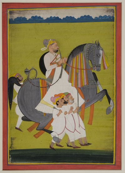 Retrato de Thakur Surtan Singh de Nimbaj, a caballo con asistentes a pie de Indian School