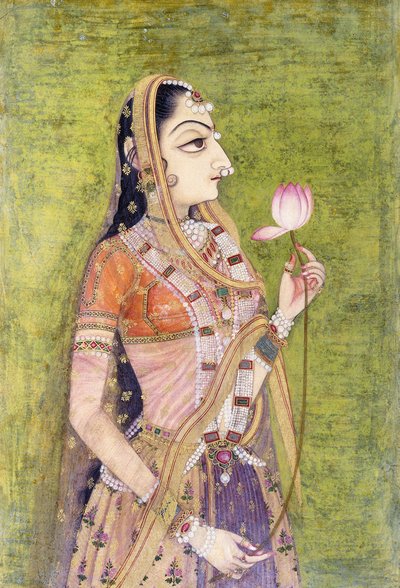 Retrato de una dama sosteniendo un loto, c. 1740-1750 de Indian School