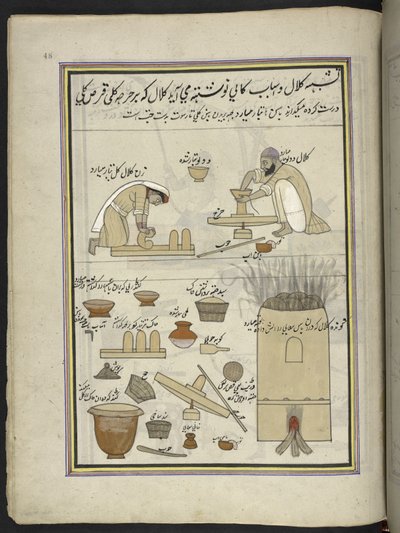alfareros,  86 dibujos encuadernados en un volumen que representa oficios y ocupaciones en Cachemira, se muestra a los artesanos trabajando con sus implementos y equipos,  Por un artista de Cachemira, probablemente en Srinagar, c.1850-60 (gouache sobre pap de Indian School