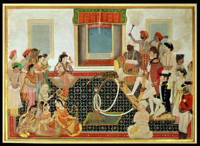 El príncipe Mahadaji Sindhia entreteniendo a un oficial del ejército británico y un oficial naval en un nautch, c.1820 (gouache en papel) de Indian School