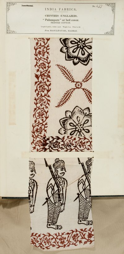 Muestra de palampore de algodón impreso o cubrecama de Masulipatam en Madrás, de La Colección de los Fabricantes de Textiles de la India, por John Forbes Watson, publicada en 1866 de Indian School