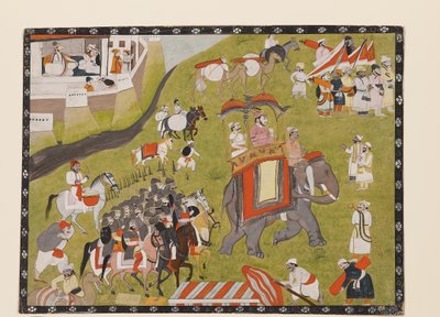 Procesión de un rajá en elefante con escolta armada y criados, 2ª mitad del siglo XIX (gouache sobre papel) de Indian School