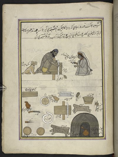 creadores de punkah,  86 dibujos encuadernados en un volumen que representa oficios y ocupaciones en Cachemira, se muestra a los artesanos trabajando con sus implementos y equipos,  Por un artista de Cachemira, probablemente en Srinagar, c.1850-60 (gouache de Indian School