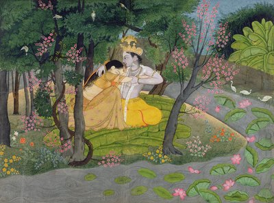 Radha y Krishna se abrazan en un bosque de árboles en flor, c.1780 de Indian School