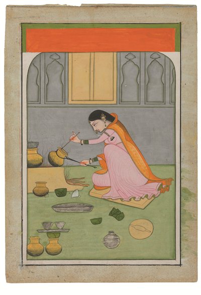 Radha en la cocina, c. 1810 (pigmentos opacos y oro sobre wasli) de Indian School