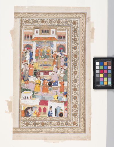 Raja con cortesanos (pluma, tinta, gouache y pan de oro sobre pergamino) de Indian School
