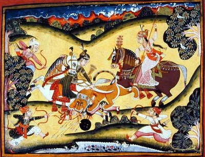 Princesas Rajput matando a un león, Escuela Bundi, c.1810-20 de Indian School