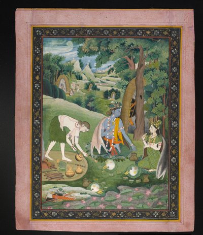 Rama, Lakshmana y Sita cocinando y comiendo en el desierto, c.1820 de Indian School