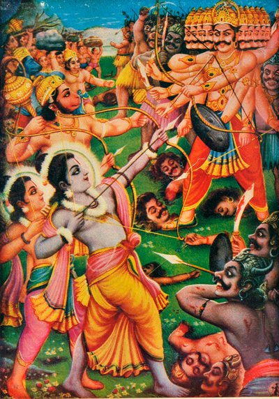 Rama y Hanuman luchando contra Ravana el demonio, escena del Ramayana de Indian School