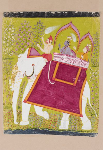 Rama y Lakshman en el howdah de un elefante blanco con Hanuman como mahout de Indian School