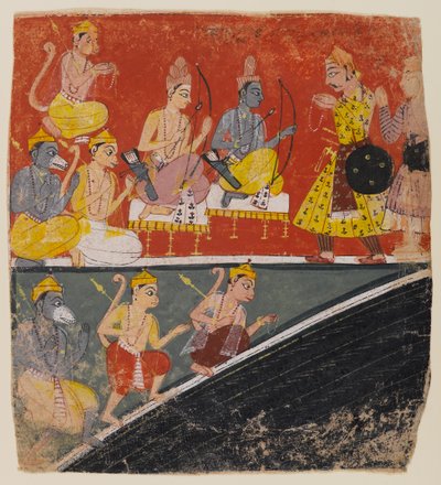 Rama y Lakshmana reciben enviados, página de una serie dispersa del Ramayana, c.1634 de Indian School