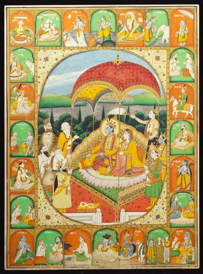 Rama y Sita entronizados, adorados por Shiva, Hanuman y otros, 1800-20 de Indian School