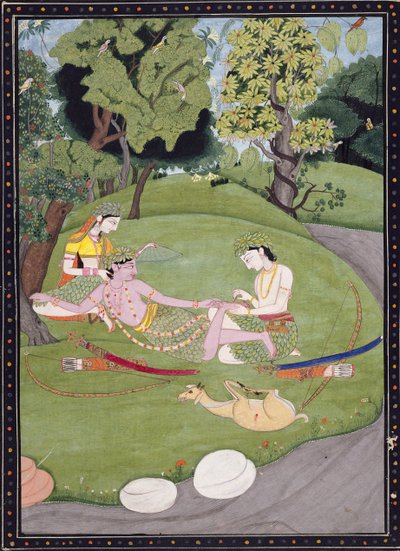 Rama recostado contra Sita, mientras su hermano Laksman le saca una espina del pie, 1845 de Indian School