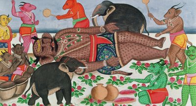 Escena del Ramayana: un grupo de demonios despertando a su príncipe en hibernación de Indian School