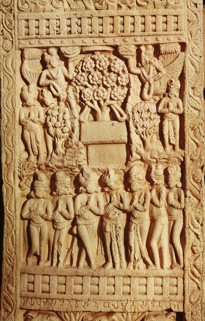 Relieve que representa la adoración de Buda representado por un árbol, Período Maurya Tardío, Dinastía Sunga (180-72 a.C.) de Indian School