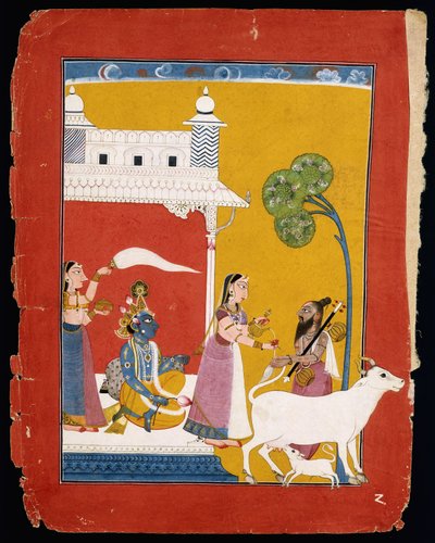 Rukmini ofreciendo agua al sabio Narada mientras su consorte Krishna se sienta en su casa, c.1725-1730 de Indian School
